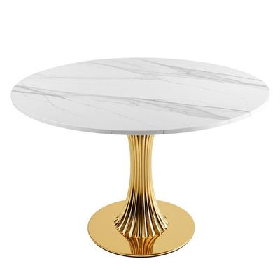 नकली मार्बल टेबलटॉप आधुनिक पेडस्टल डाइनिंग टेबल गोल्डन स्टेनलेस स्टील फ्रेम