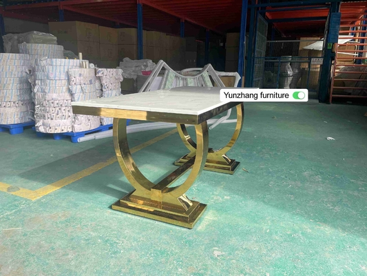 सिल्वर गोल्ड स्टेनलेस स्टील लेग डाइनिंग टेबल मार्बल टॉप के साथ 6 सीटर सेट करें