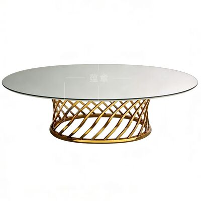 अच्छा दाम अच्छी गुणवत्ता का दर्पण कांच के शीर्ष के साथ स्टेनलेस स्टील फ्रेम विवाह भोजन भोज पार्टी के लिए अंडाकार मेज ऑनलाइन