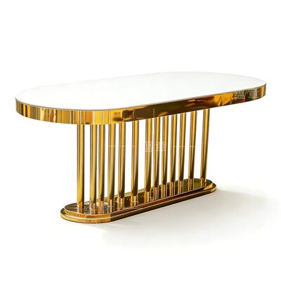अच्छा दाम शादी के लिए फर्नीचर थोक सोने का अंडाकार स्टेनलेस स्टील फ्रेम सफेद दर्पण ग्लास टॉप लंबी डाइनिंग टेबल होटल टेबल ऑनलाइन