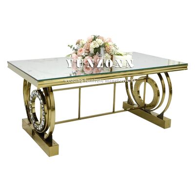 अच्छा दाम शादियों, होटलों, आयोजनों के लिए बैंक्वेट टेबल स्टेनलेस स्टील फ्रेम क्रिस्टल डेकोर, मिरर ग्लास डेस्कटॉप टेबल होटल फर्नीचर ऑनलाइन