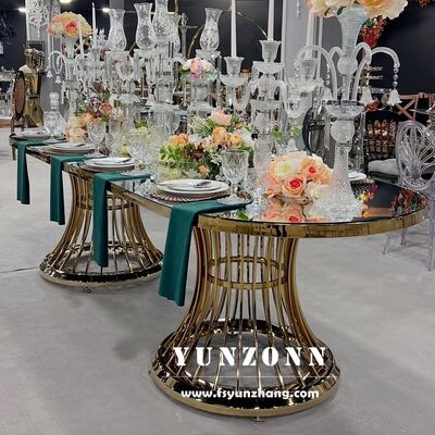 अच्छा दाम लक्जरी सोना स्टेनलेस स्टील शादी की मेज कांच भोजन की मेज होटल के उपयोग के लिए सुरुचिपूर्ण घटना फर्नीचर ऑनलाइन