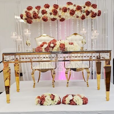 अच्छा दाम शादियों और होटलों के लिए स्टेनलेस स्टील फ्रेम और क्रिस्टल डेकोर वाले लक्जरी स्क्वायर डाइनिंग टेबल - सुरुचिपूर्ण आयोजनों के लिए ऑनलाइन