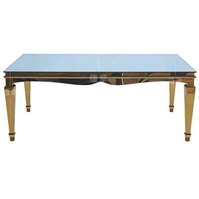 अच्छा दाम टेम्पर्ड ग्लास टॉप के साथ आधुनिक गोल्ड स्टेनलेस स्टील रेक्टेंगल मिया बैंक्वेट डाइनिंग टेबल होटल इवेंट्स के लिए टिकाऊ ऑनलाइन