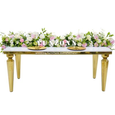 अच्छा दाम आधुनिक आयताकार वीनस गोल्ड डाइनिंग टेबल पारदर्शी ग्लास टॉप और स्टेनलेस स्टील फ्रेम के साथ इवेंट्स और बैंक्वेट्स के लिए ऑनलाइन