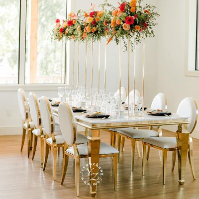अच्छा दाम आधुनिक सोना स्टेनलेस स्टील दर्पण ग्लास शीर्ष होटल के लिए भोजन की मेज शादी की पार्टियां बैंकेट के लिए आउटडोर कार्यक्रम ऑनलाइन