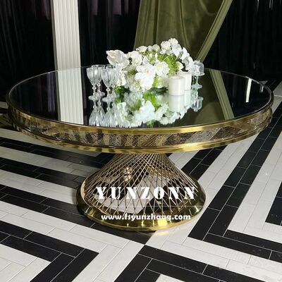 अच्छा दाम होटलों और शादियों के लिए आउटडोर इवेंट्स के लिए टेम्पर्ड ग्लास और मेटल बेस वाला आधुनिक स्टेनलेस स्टील डाइनिंग टेबल ऑनलाइन