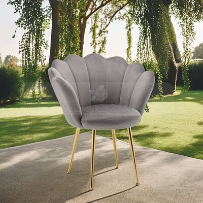 अच्छा दाम नॉर्डिक डिजाइनर ग्रे वेल्वेट डाइनिंग चेयर शेल शेप बैक गोल्ड लेग इंडिविजुअल आर्मचेयर लिविंग रूम होटल जिम-अप्पेस्टर्ड मेटल ऑनलाइन