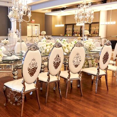 अच्छा दाम होटल और शादी के लिए भोजन कक्ष के लिए चमड़े के साथ आधुनिक स्वर्ण स्टेनलेस स्टील ओवल बैक चेयर अपार्टमेंट के लिए समकालीन शैली ऑनलाइन