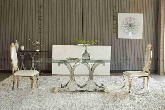 अच्छा दाम टेम्पर्ड ग्लास हटाने योग्य के साथ आधुनिक 10 सीटर एसएस डाइनिंग टेबल ऑनलाइन